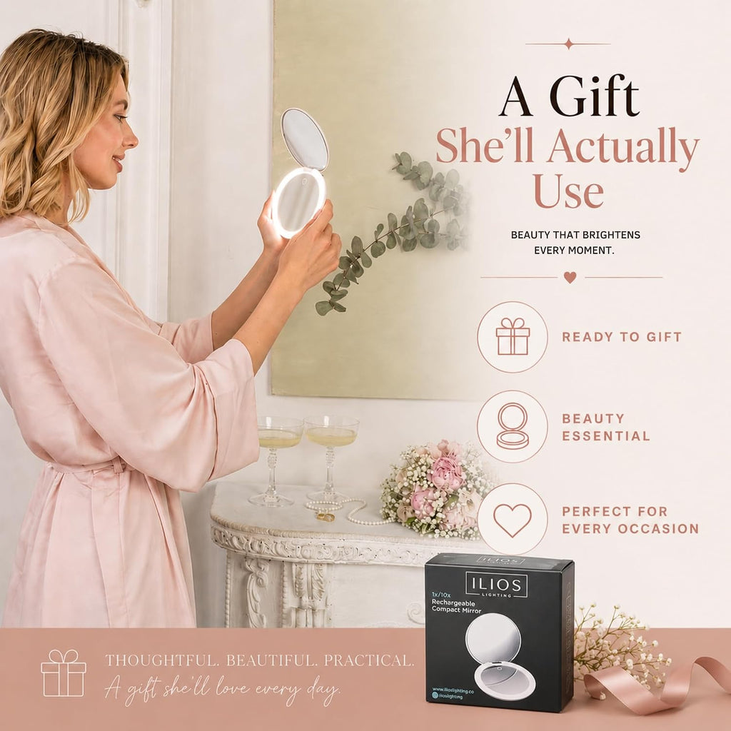 LED Compact Mirror with Light — 1X & 10X Magnification, 30-Day Battery, USB-C Rechargeable, 5-Inch Foldable Travel Makeup Mirror (White)