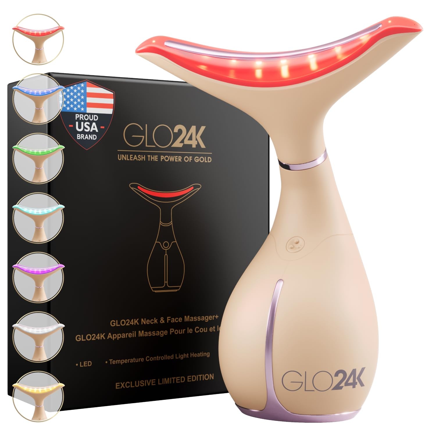 GLO24K LED Facial Massager for Face & Neck – Beauty Wand with LED Light, Vibration & Warm Massage – Cosmetic Skincare Tool
