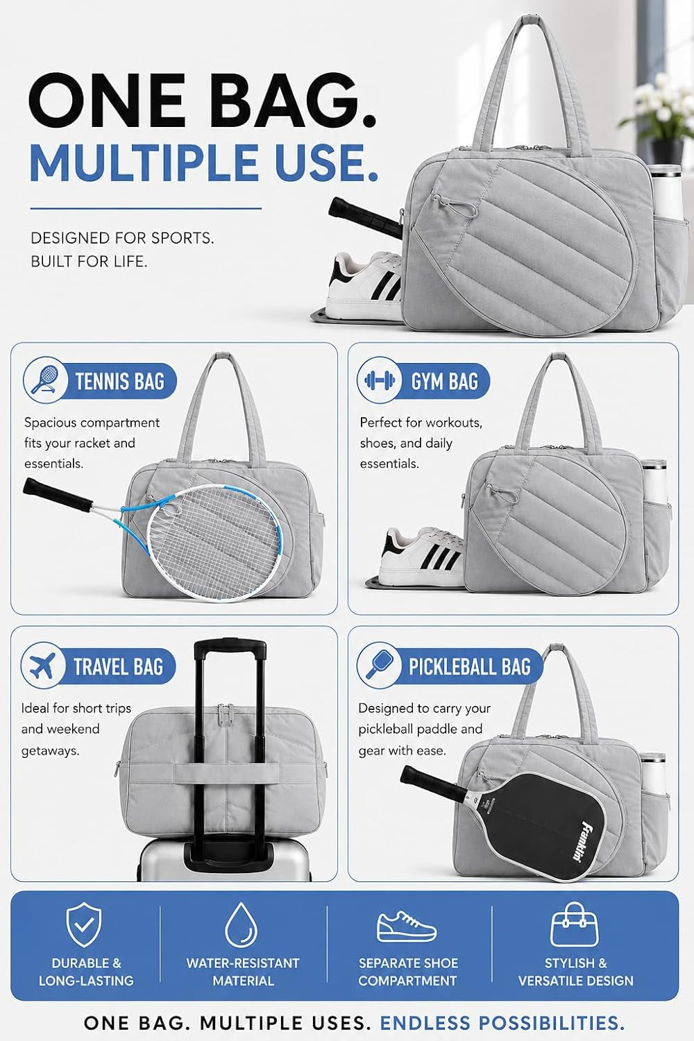 Quilted Pickleball and Tennis Racket Bag for Men and Women - Dual Racket Capacity with Shoe Compartment, Ideal for Gym, Court, and Travel