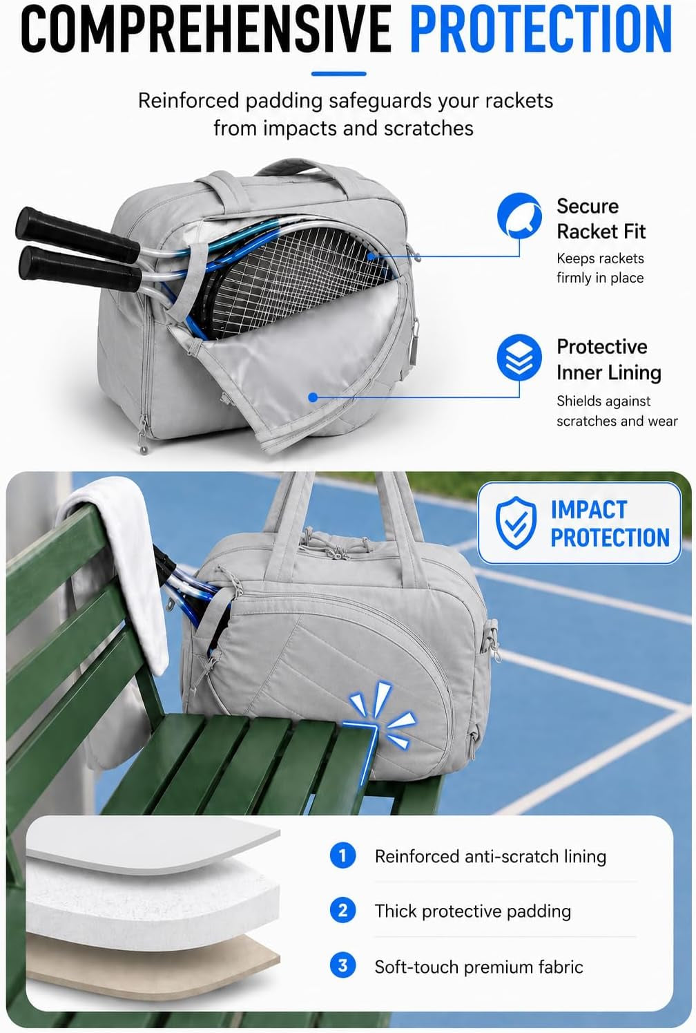 Quilted Pickleball and Tennis Racket Bag for Men and Women - Dual Racket Capacity with Shoe Compartment, Ideal for Gym, Court, and Travel