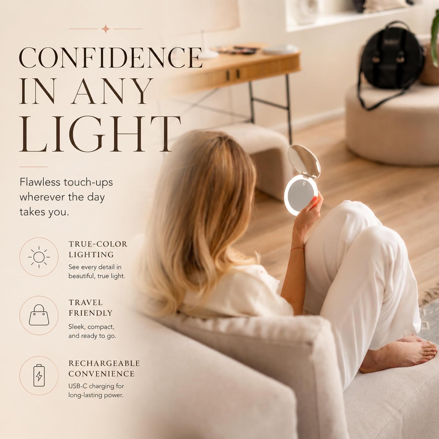 LED Compact Mirror with Light — 1X & 10X Magnification, 30-Day Battery, USB-C Rechargeable, 5-Inch Foldable Travel Makeup Mirror (White)