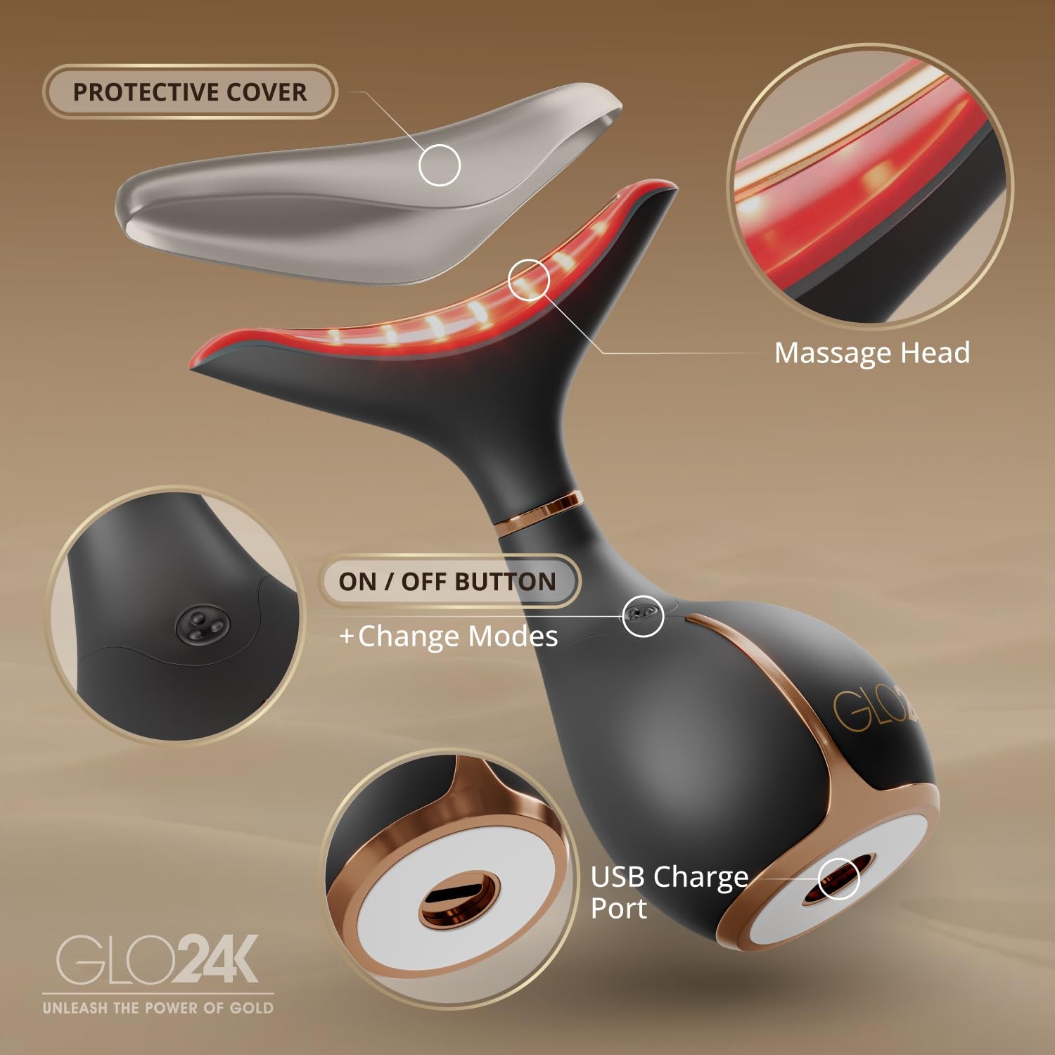 GLO24K LED Facial Massager for Face & Neck – Beauty Wand with LED Light, Vibration & Warm Massage – Cosmetic Skincare Tool