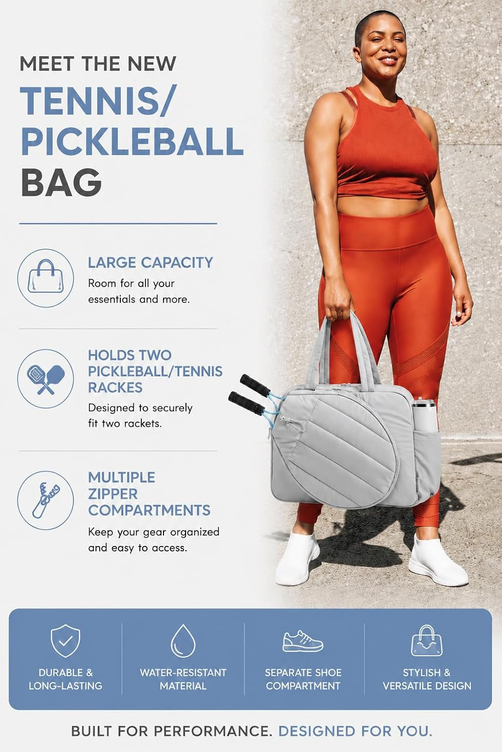 Quilted Pickleball and Tennis Racket Bag for Men and Women - Dual Racket Capacity with Shoe Compartment, Ideal for Gym, Court, and Travel