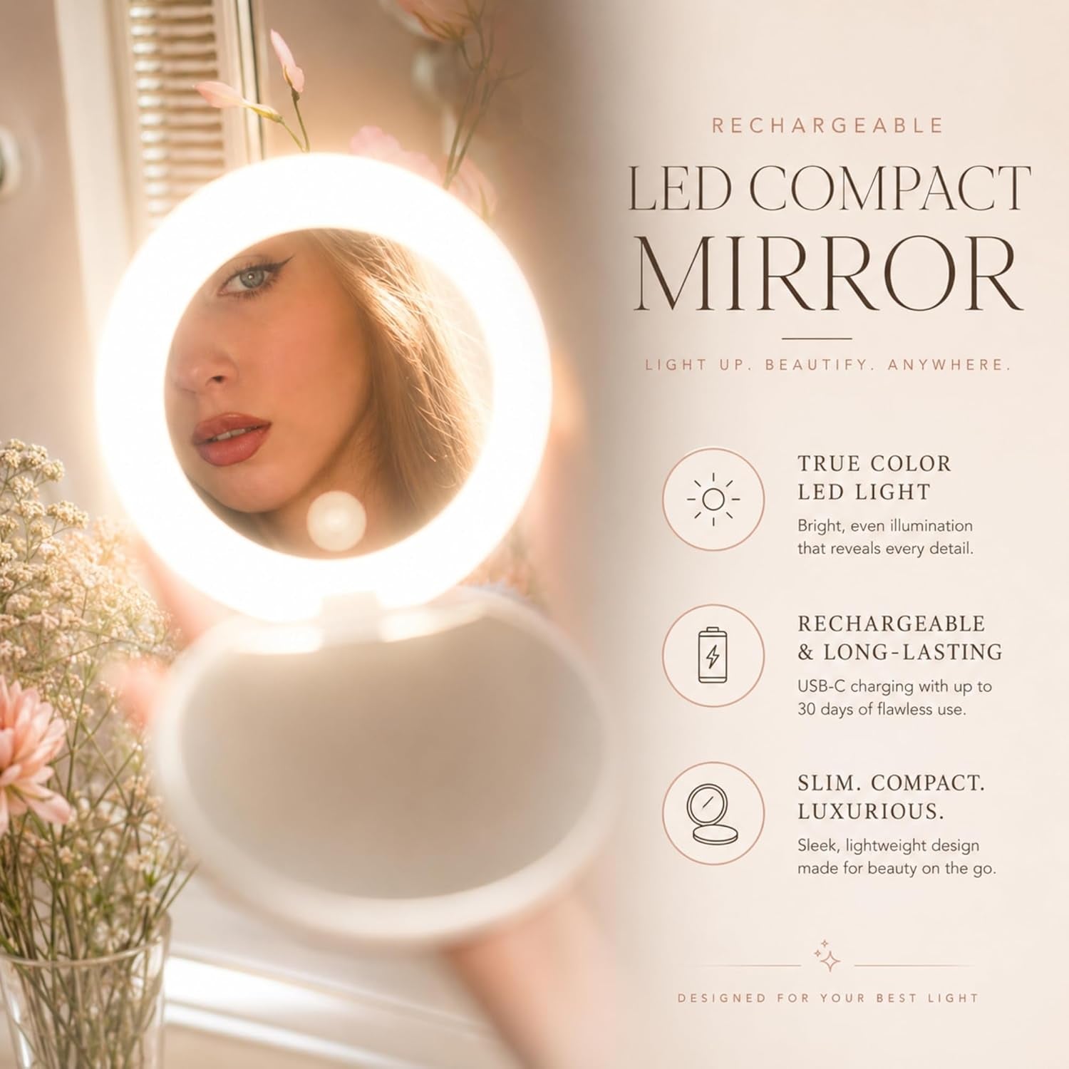 LED Compact Mirror with Light — 1X & 10X Magnification, 30-Day Battery, USB-C Rechargeable, 5-Inch Foldable Travel Makeup Mirror (White)