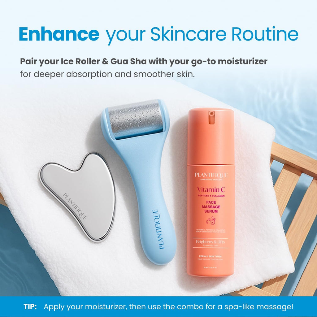 Stainless Steel Gua Sha and Ice Roller for Face & Body - Cooling Facial Tool Set to Reduce Puffiness, Improve Lymphatic Drainage & Soothe Skin