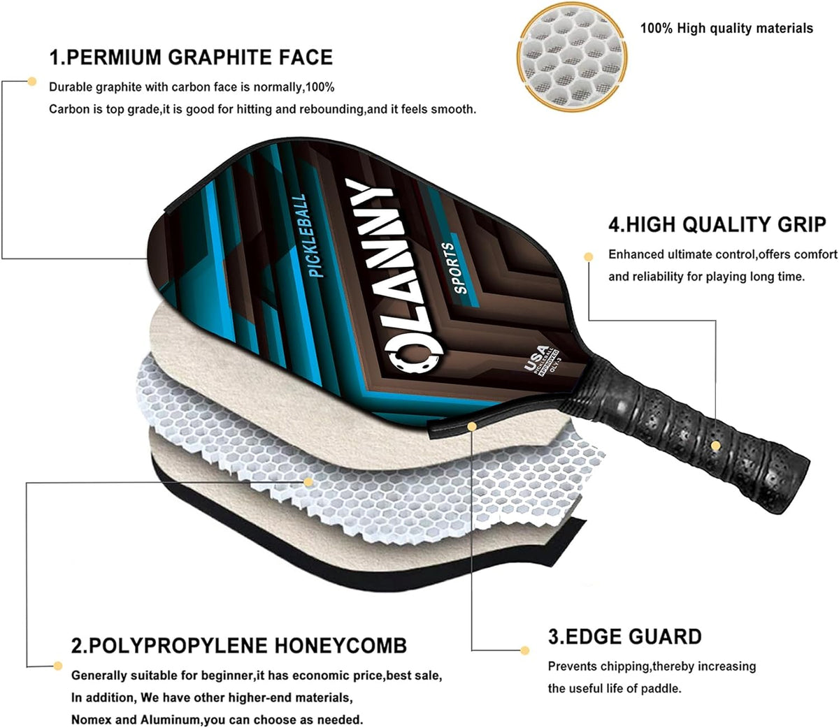Premium Graphite Pickleball Paddle Set - Includes Fiber Face Rackets, Polymer Honeycomb Core, Pickleball Balls, Replacement Soft Grip, and Carrying Bag