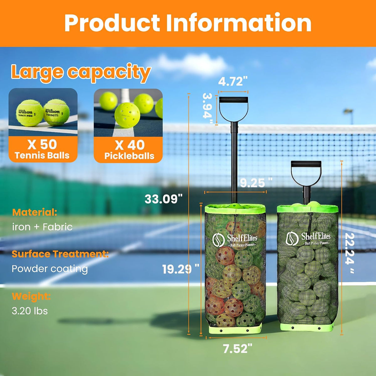 Portable Tennis Ball Hopper and Pickleball Basket with Foldable Design and Storage Bag for Multi-Sport Training and Practice
