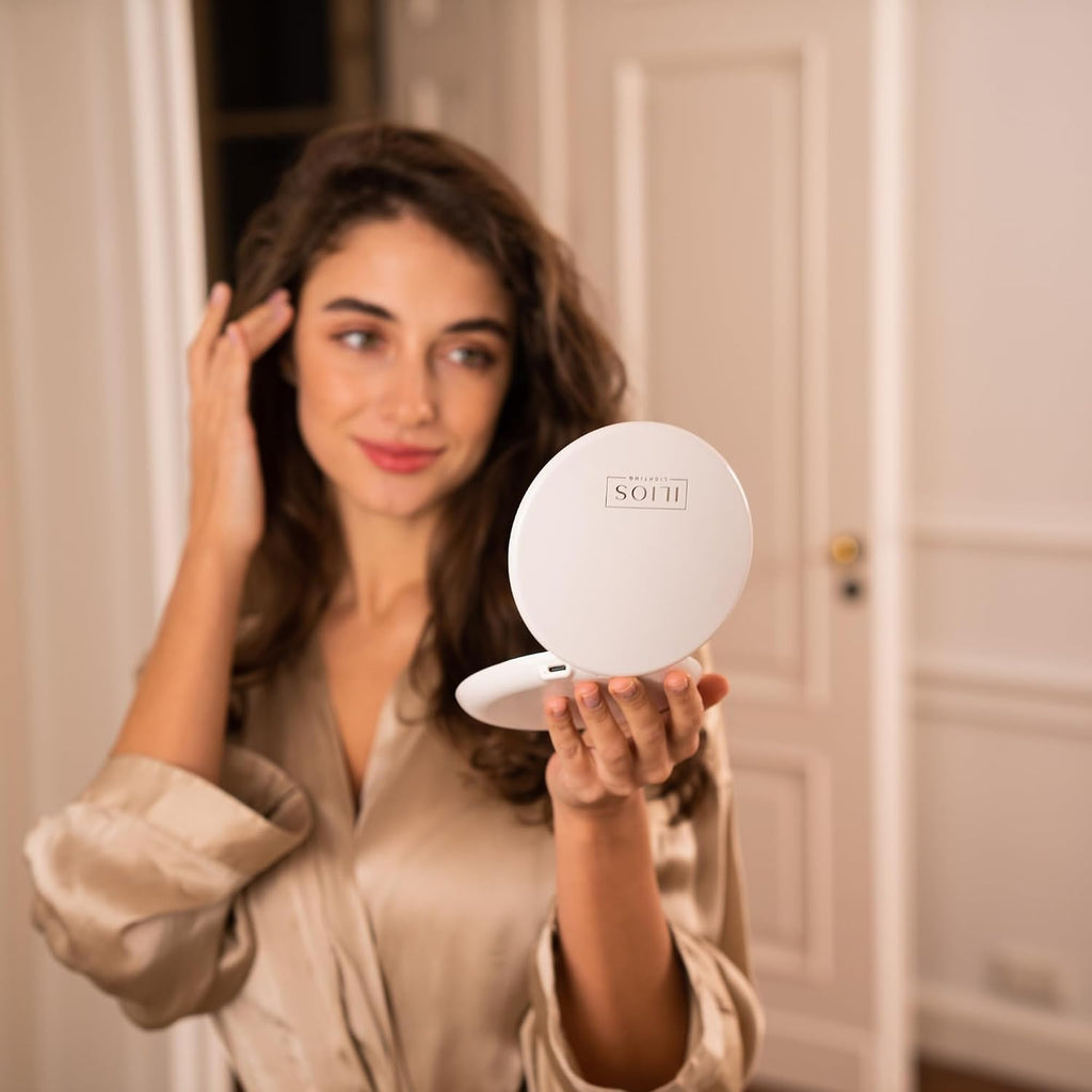 LED Compact Mirror with Light — 1X & 10X Magnification, 30-Day Battery, USB-C Rechargeable, 5-Inch Foldable Travel Makeup Mirror (White)