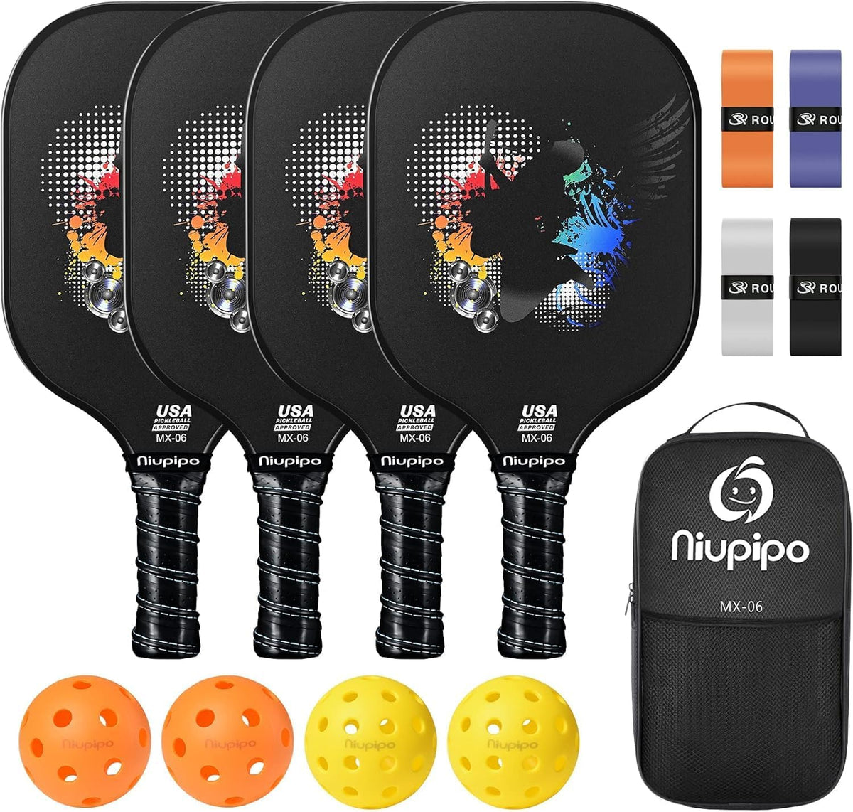 USAPA Approved Pickleball Paddle Set - Carbon Fiber & Fiberglass Hybrid with Polypropylene Honeycomb Core, Cushioned Grip, Includes Bag/Cover, Available in Sets of 1, 2, or 4 for Men and Women
