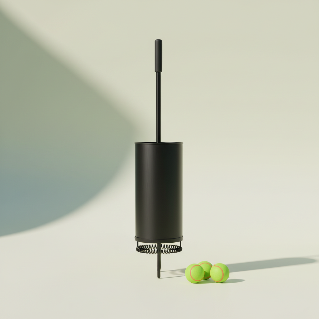 Black cylindrical tennis ball hopper and pickleball ball retriever in a premium studio setting