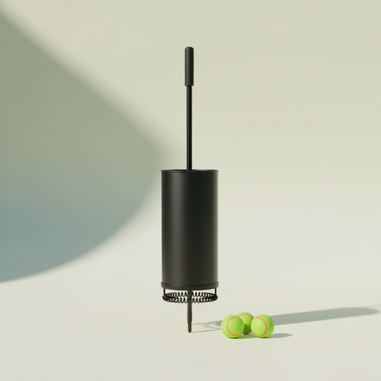 Black cylindrical tennis ball hopper and pickleball ball retriever in a premium studio setting