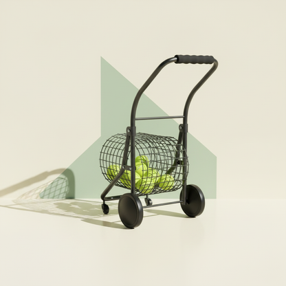 Rear view of the JAEKERN ball collector roller showing its wire-cage hopper