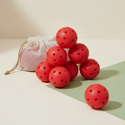 Close-up of JAEKERN outdoor pickleballs showing the 26-hole construction