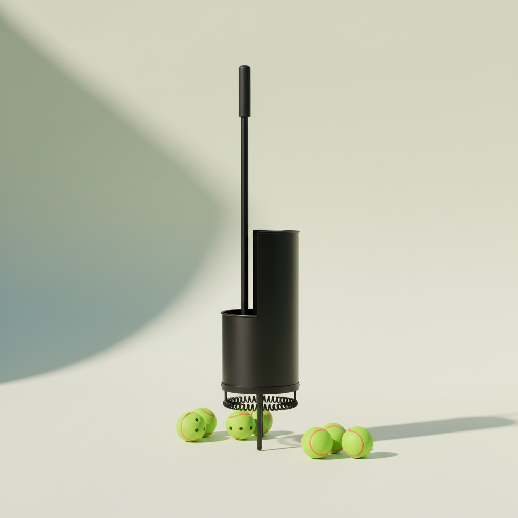 Black cylindrical tennis ball hopper and pickleball ball retriever shown from a three-quarter angle